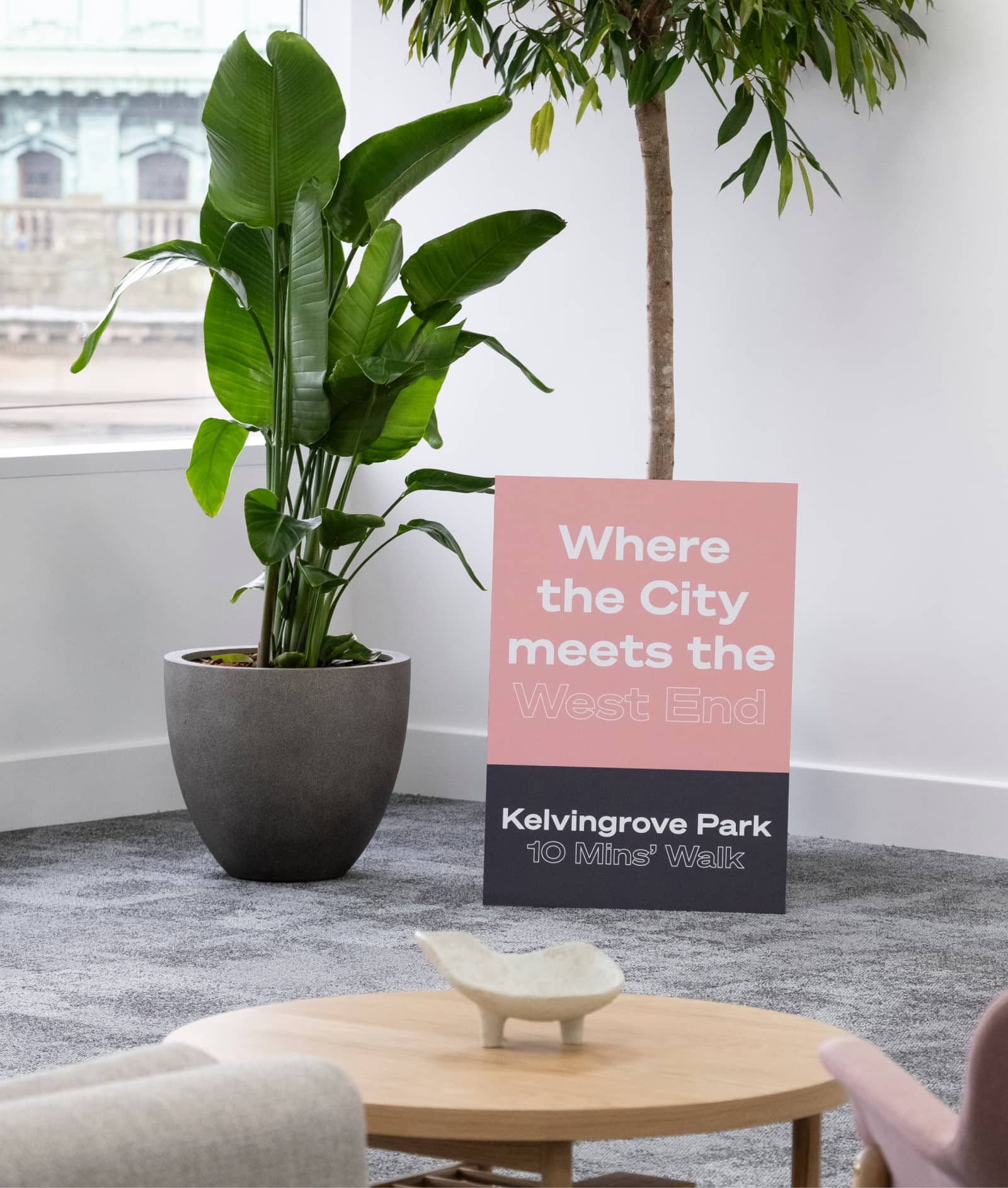 300 Bath Street printed stand next to a large indoor plant.