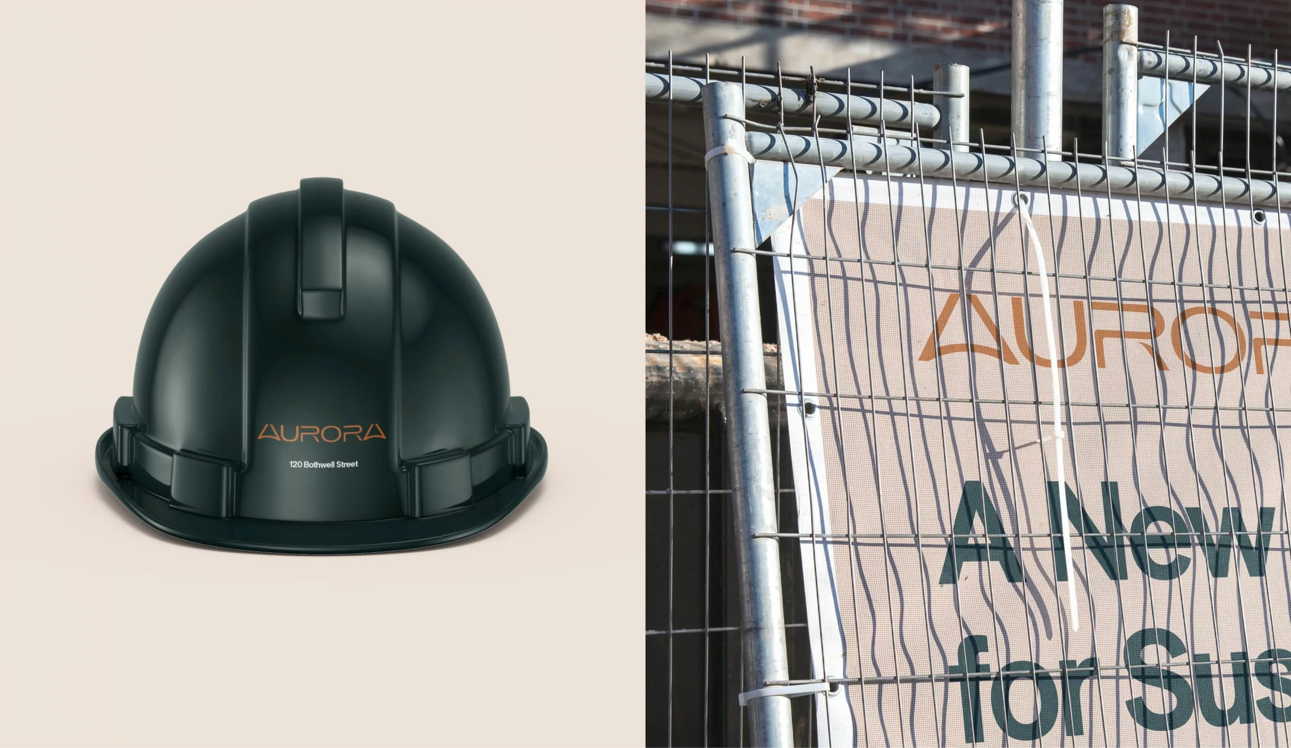 Aurora branded hardhat and construction site photos.