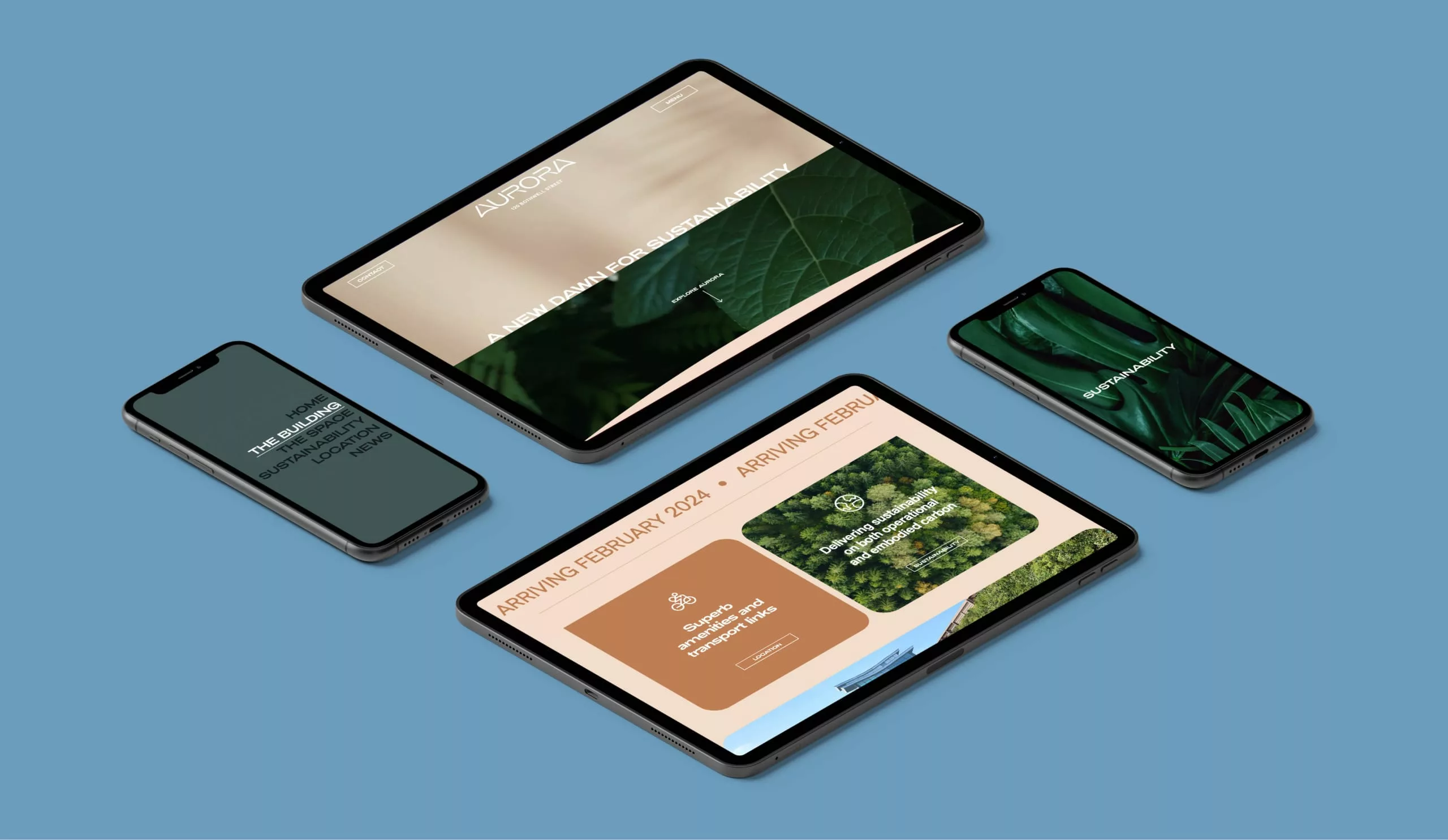 Aurora branding shown on a selection of flat laid digital devices.